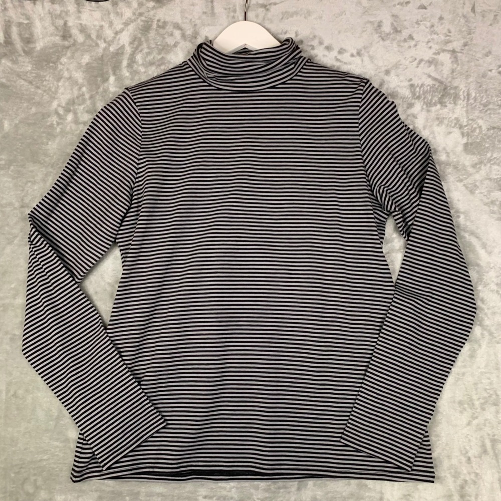 J. Jill Striped Jersey Turtleneck Top Black Grey Petite‎ Medium Long Sleeve NEW